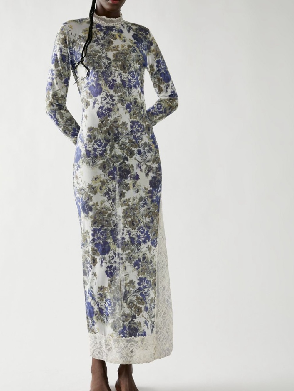 Free People Floral Lace Long Sleeve Maxi Slip Dress - White, Blue, Olive
